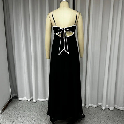 Wefads Maxi Dress Women Summer Casual Patchwork Suspender Sleeveless Hollow Out Backless Lace Up Loose Beach Long Dressses