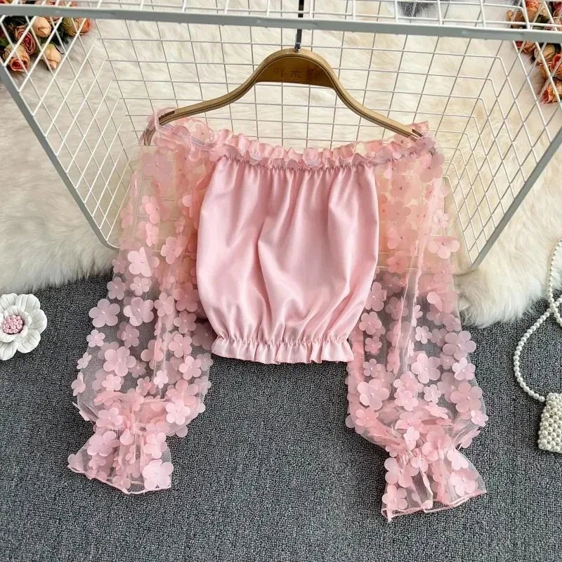 Off Shoulder Sexy Lace Blouses Women 2025 Spring Summer Korean Fashion Long Sleeve Tops Slim Flower Transparent Chiffon Shirts