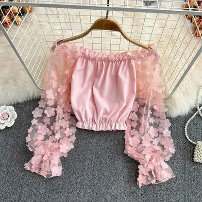 Off Shoulder Sexy Lace Blouses Women 2025 Spring Summer Korean Fashion Long Sleeve Tops Slim Flower Transparent Chiffon Shirts