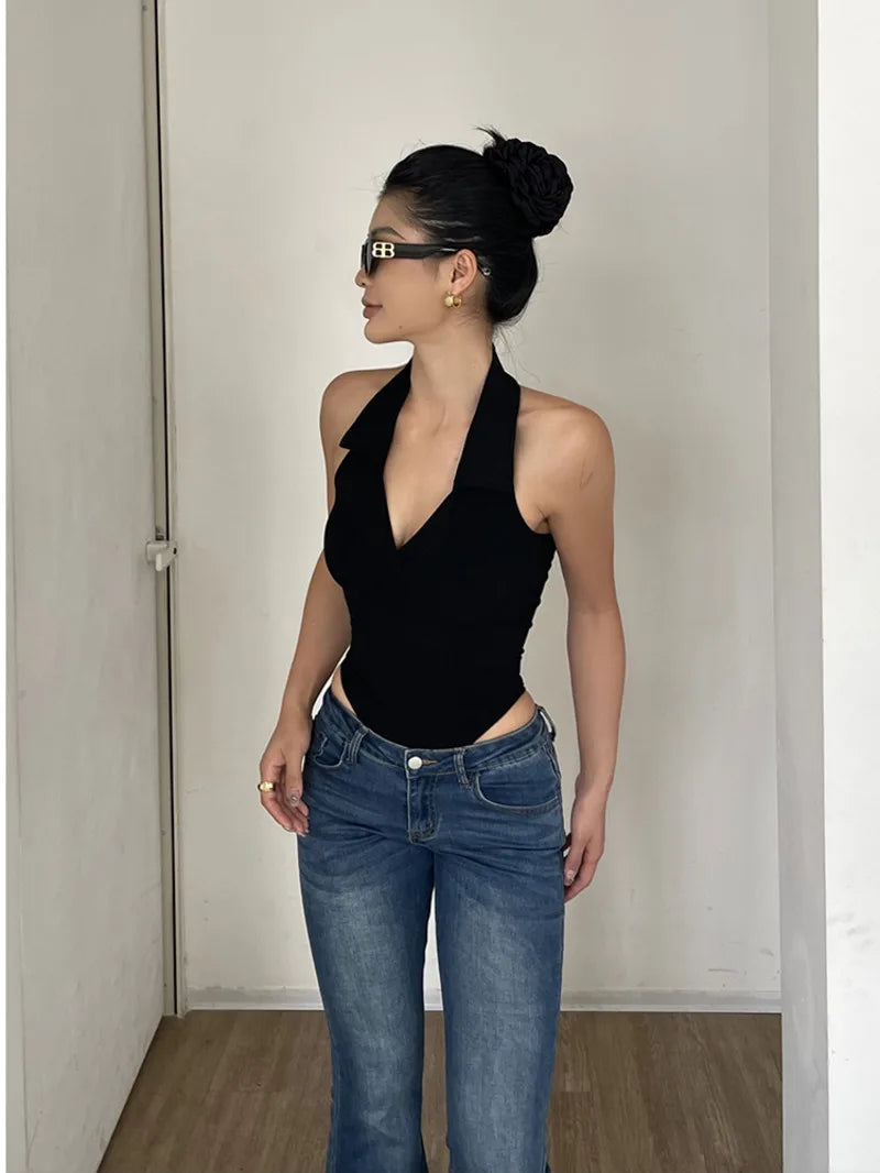 American Style Spicy Girl Sleeveless Polo Neck Solid Bodysuits Women's 2024 Summer New Sexy Backless High Waisted Slim Top Q29N