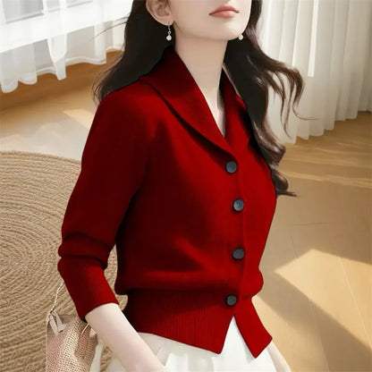 2025 New Spring Autumn Turndown Collar High End Women Knitt Cardigan Sweater Fashion Korean Version Female Knitwear Tops Jacket red