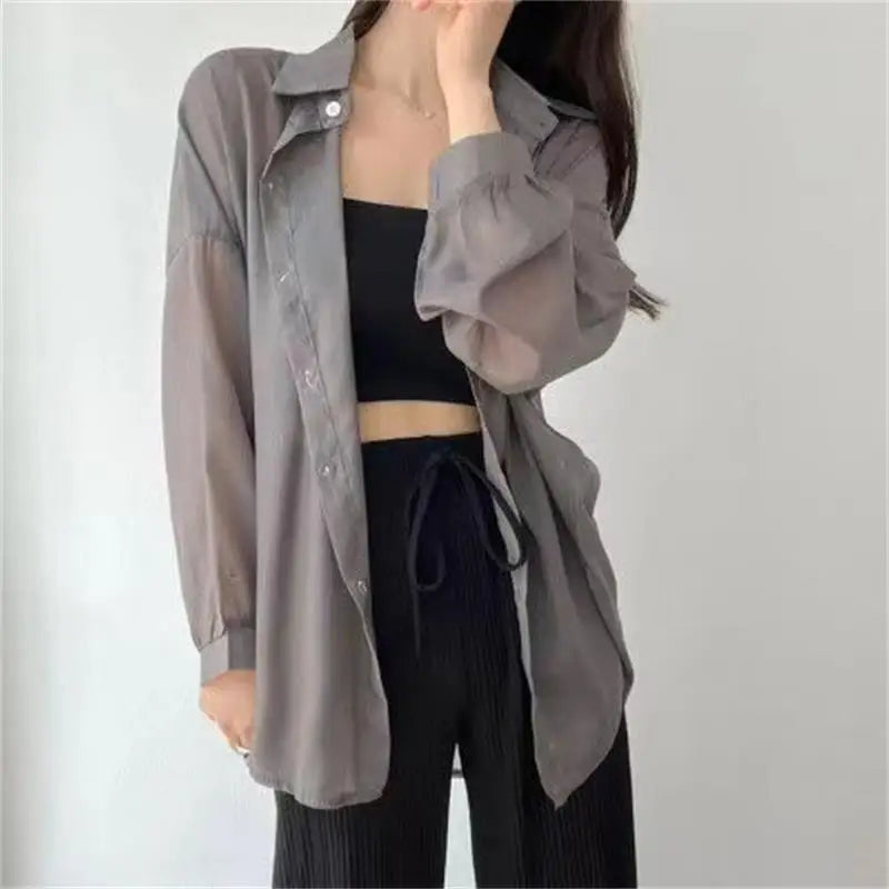 7 Colors Shirts Women Sheer Thin Chic Summer Simple Solid Sun-proof Tops Fashion Baggy All-match Basic Korean Style Sexy Clothes Gray One Size