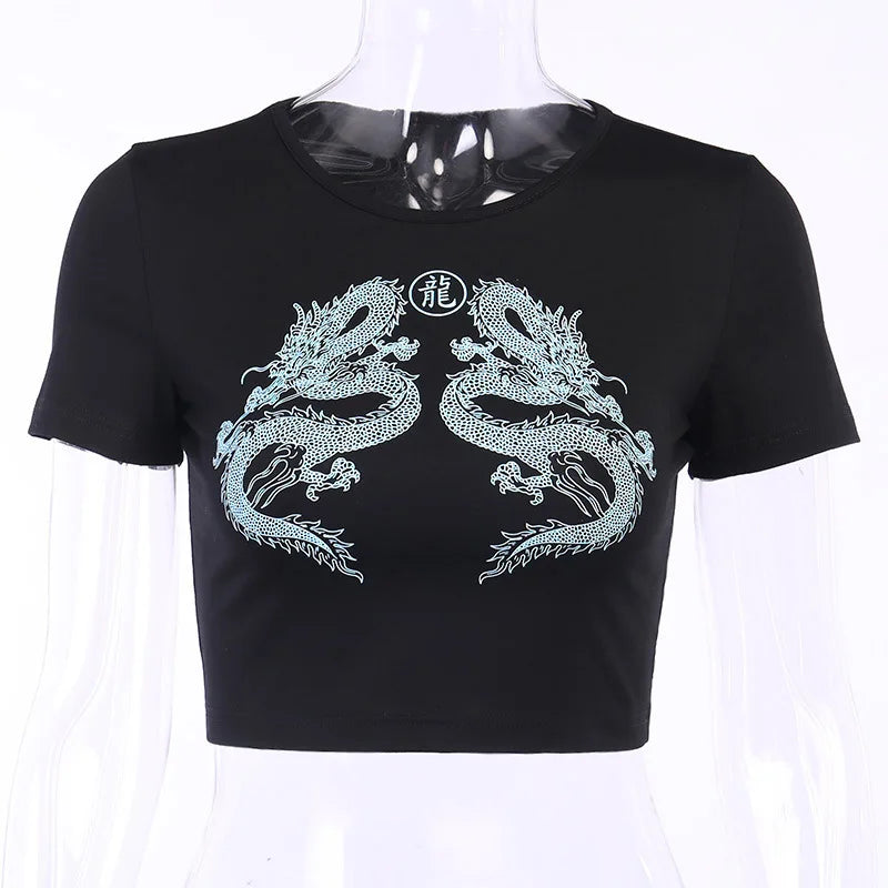 Women Short Sleeve Dragon Print T-shirt Summer Fashion Crop Top for Shopping Daily Wear