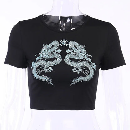 Women Short Sleeve Dragon Print T-shirt Summer Fashion Crop Top for Shopping Daily Wear