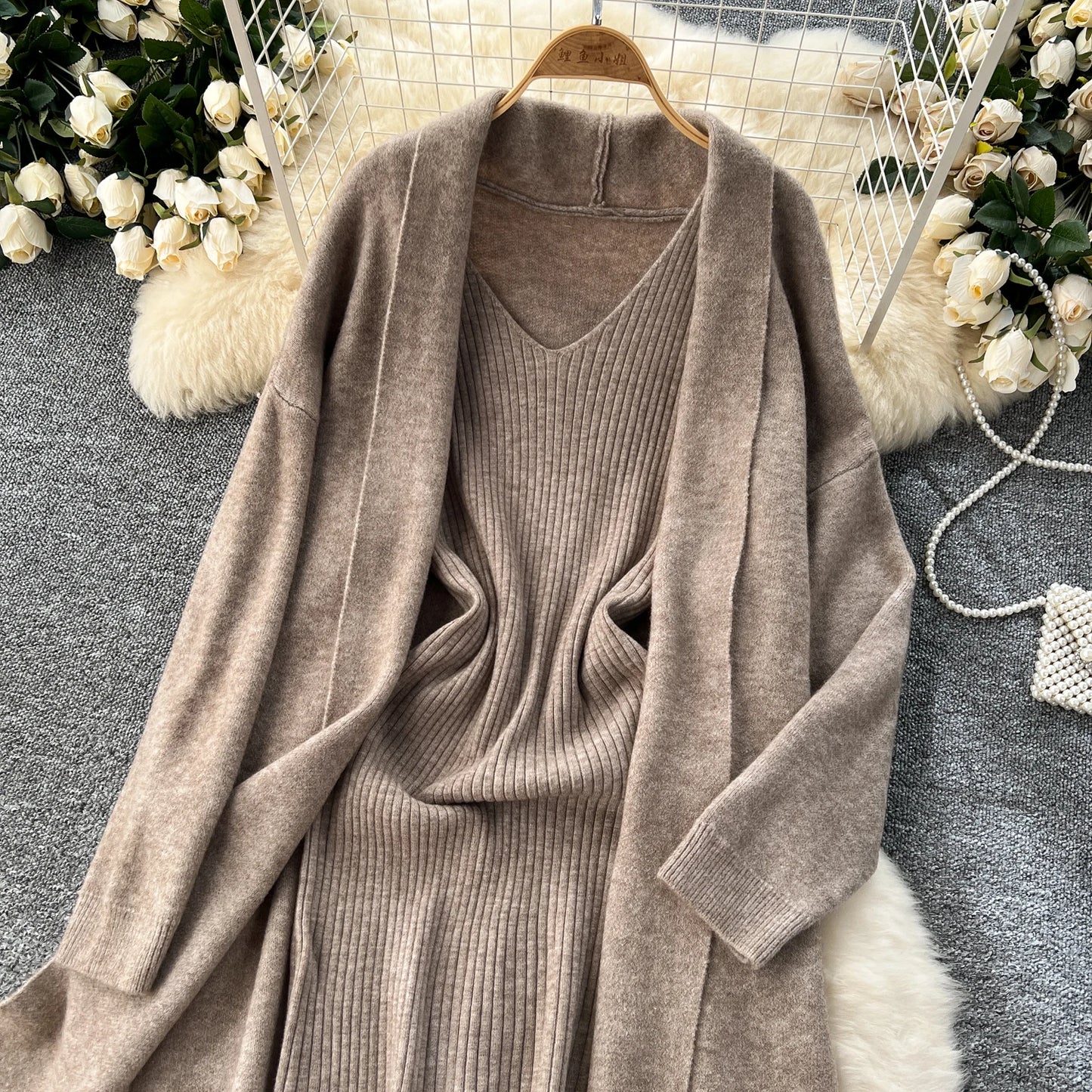 SINGREINY Autumn Knitted Two Pieces Sets Ladies Loose Knitting Cardigan+Spaghetti Strap Bodycon Dress Basic Solid Winter Suits Badiee Stylez