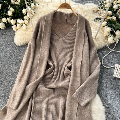 SINGREINY Autumn Knitted Two Pieces Sets Ladies Loose Knitting Cardigan+Spaghetti Strap Bodycon Dress Basic Solid Winter Suits Badiee Stylez