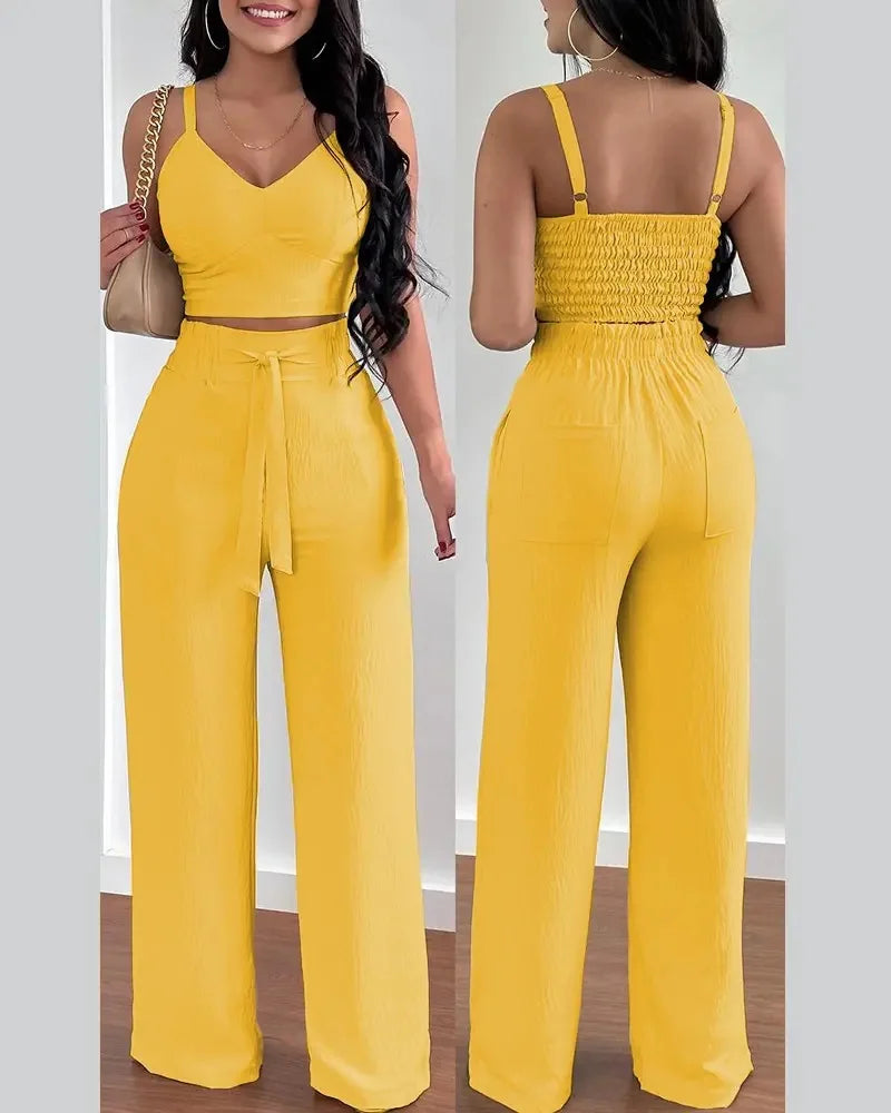 2025 Conjuntos Para Mujeres 2 Piezas Women V-neck Two-piece Set Backless Sleeveless Long Pants Casual 2 Piece Sets Women Outfit Yellow