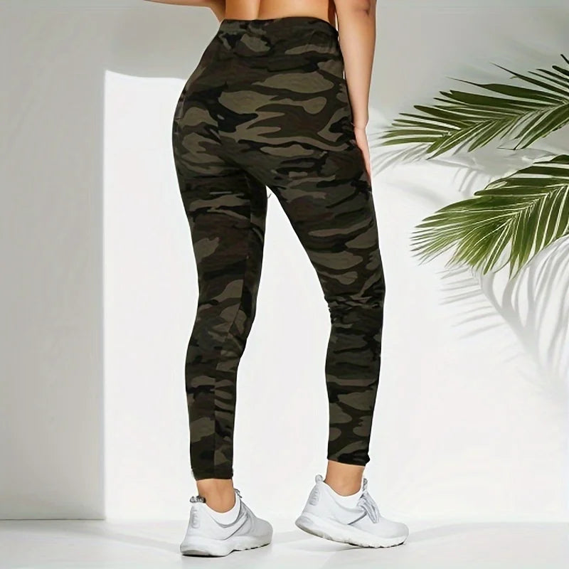 Camouflage Gray Green Tight Casual High Stretch Women's Leggings, Sporty And Sexy Fitness Retro Nine Point Pencil Pants army green