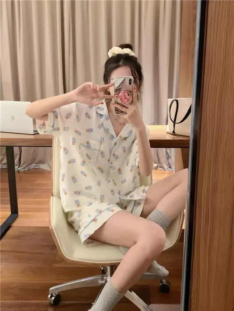 Cute Girl's Summer Cotton Linen ort Sve Nightgown Home Clothes Set Bear Print Gauze Spwear Simple Home Sle