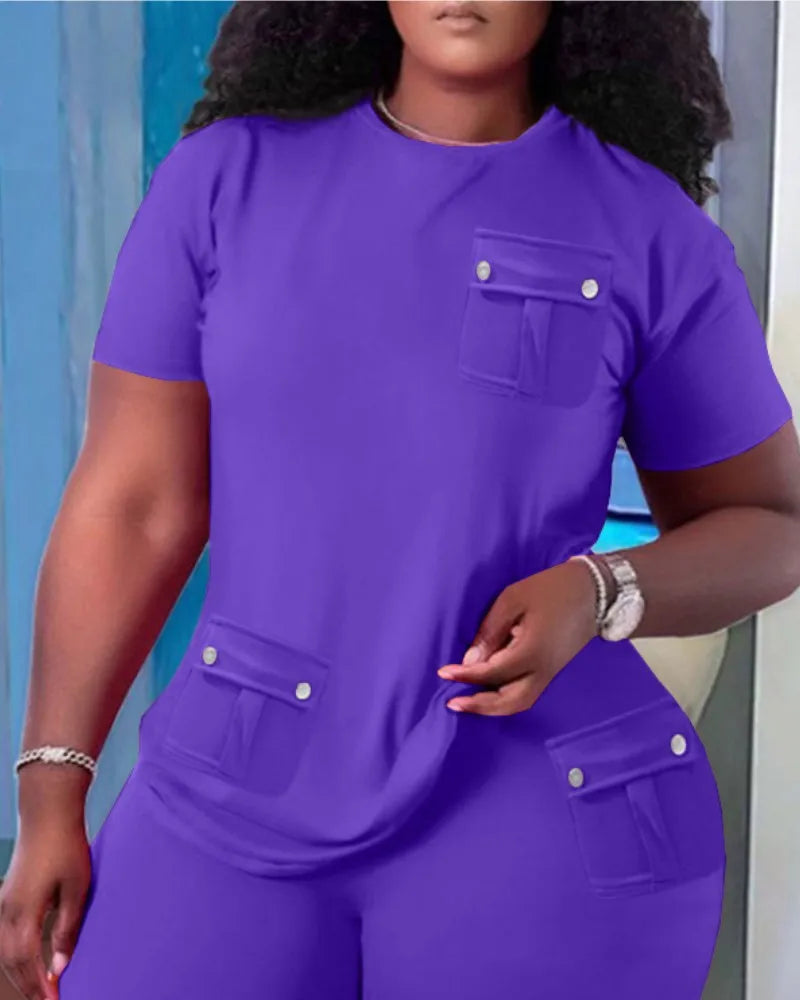 Women Two Piece Shorts Sets Solid Round Neck T Shirts Pockets Elastic Waist Short Trousers Suits Leisure Ladies 2025 Summer