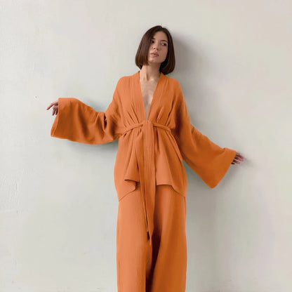 NHKDSASA Kimono Pajamas 2023 New 100% Cotton Crepe Long-Sleeved Trousers Ladies Sleepwear Suit Women's Home Service Mujer Orange