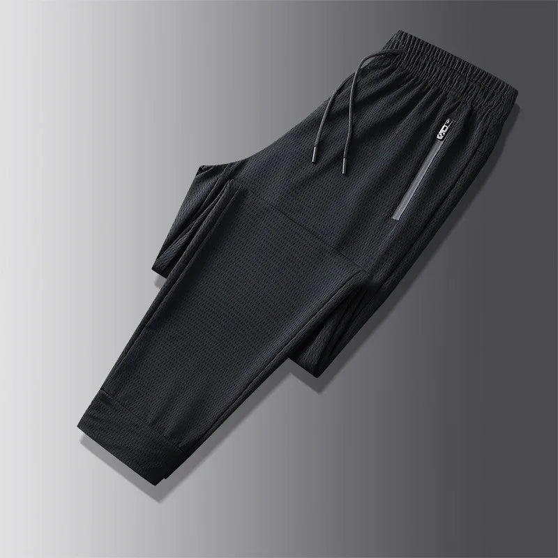 Big Size Men's Pants Ice Silk Stretch Elastic Waist Sweatpants Men Summer Casual Sport Joggers Black Mesh Trouser Male Large 9XL Black mesh sweat leg