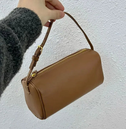 VIELINE Women's Pencil Bag Pillow Bag Genuine Leather Underarm Hobo Bag Day Clutches Ladies Simple Design Mini Purse Brown 19cmX11cmX8cm