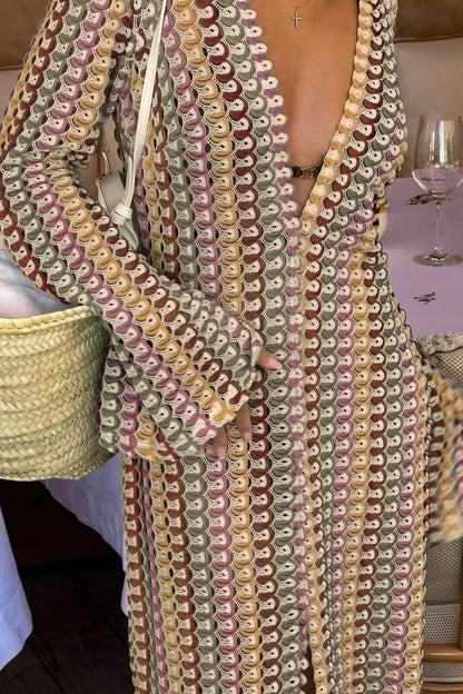 Crochet Colorful Stripe Flare Sleeve Maxi Dress Women V-neck High Split Sexy Lace Long Dresses 2024 New Beach Banquet Vestidos As picture 02