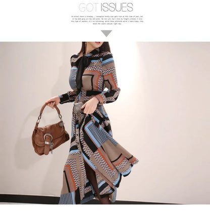 H Han Queen Vintage Print Elegant Long Dress Women Spring Single-breasted Shirt Dresses Waist Swing Ankle-length Vestidos