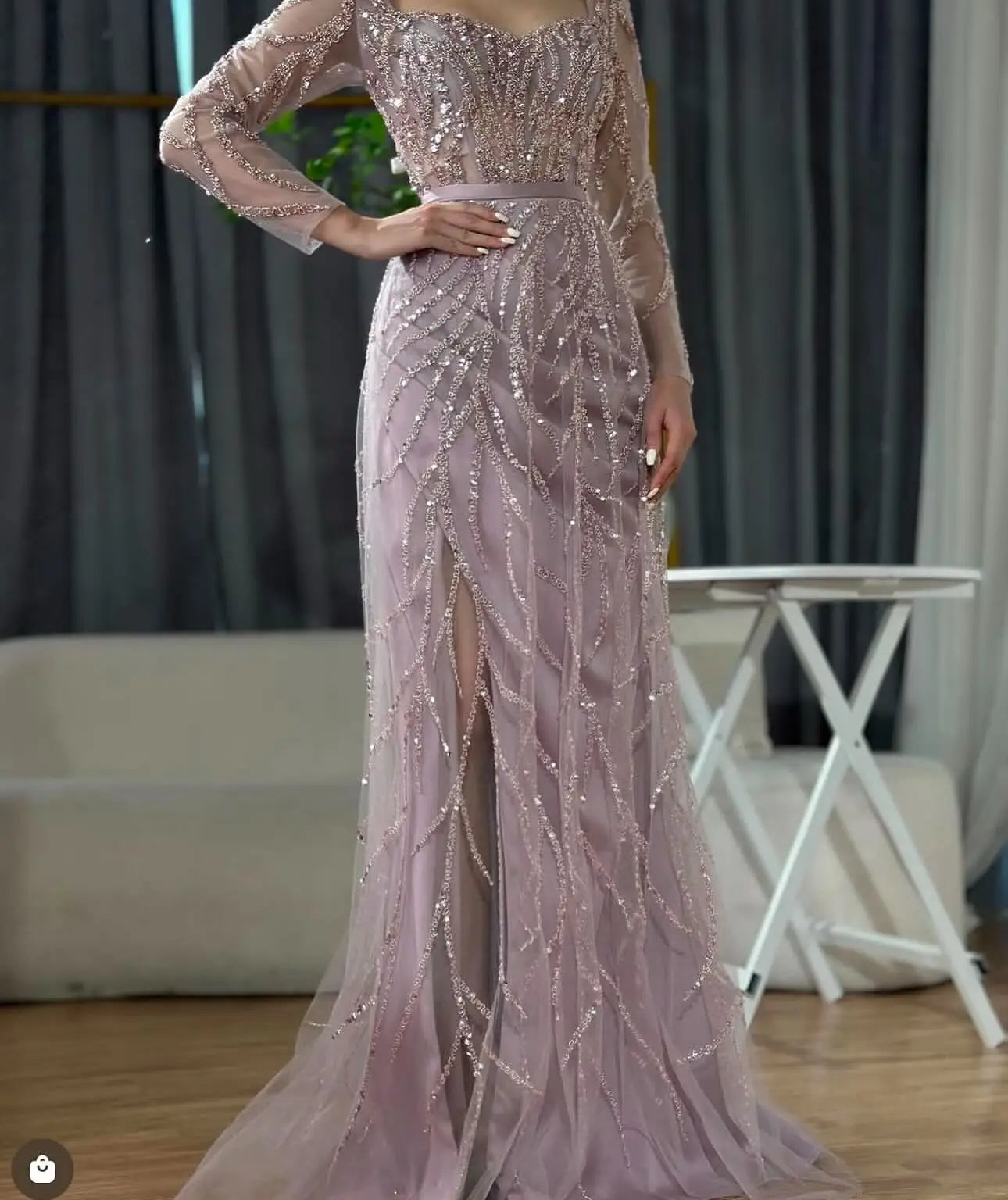 Glamorous Evening Dress Formal Occasion Dress Square Neck Long Sleeves Shining Applicants Sequins Prom Gowns Vestido De Noite Badiee Stylez