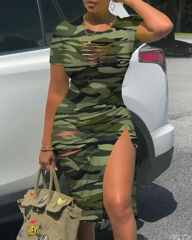 Women's Dresses 2023 Summer Fashion Contrast Leopard Print Drawstring Ruched Casual O-Neck Short Sleeve High Slit Skinny Dress green