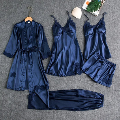 5-piece Set of Women's Sleepwear Sexy Silk Nightgown Lace Satin Nightgown V-neck Vest Breathable Comfortable Women's Nightgown