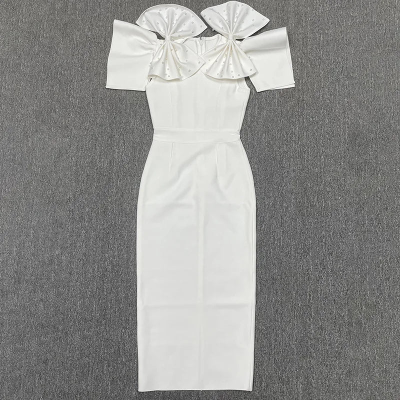 New Big Bow Sleeveless Rose Red Color Bandage Long Dress Graceful Woman Package Hips Evening Party Dress Cocktail Party Outfit White