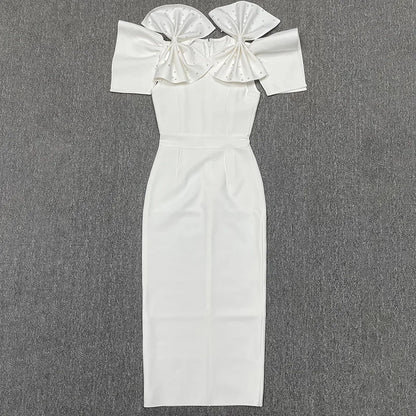 New Big Bow Sleeveless Rose Red Color Bandage Long Dress Graceful Woman Package Hips Evening Party Dress Cocktail Party Outfit White