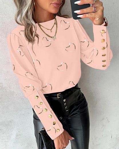Fashion Long Sleeved Button Printed Blouse T Shirt Women's Spring Autumn Simple Pullover Top A2