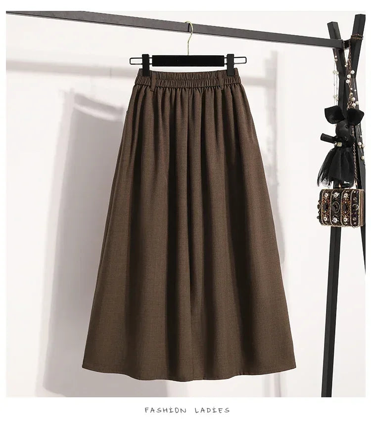 2025 Solid Color Versatile Medium Length Skirt Pleated Plus Size A-Line Maxi Gown Cover Hip Spring Summer New Half-length Skirt