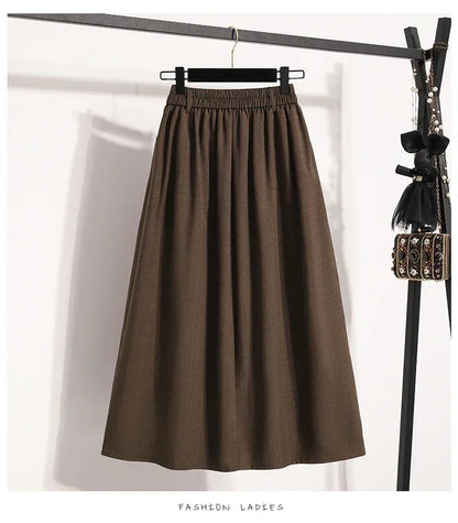 2025 Solid Color Versatile Medium Length Skirt Pleated Plus Size A-Line Maxi Gown Cover Hip Spring Summer New Half-length Skirt