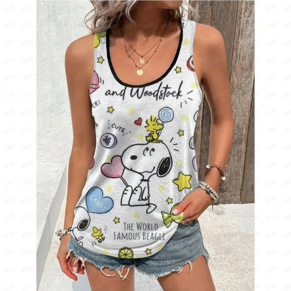 Women's Blouse black Shirts & Blouses Cartoon Snoopy Print Sleeveless Tops Loose V Neck Pulovers Summer Youthful Woman Clothes BXZ1GH01119