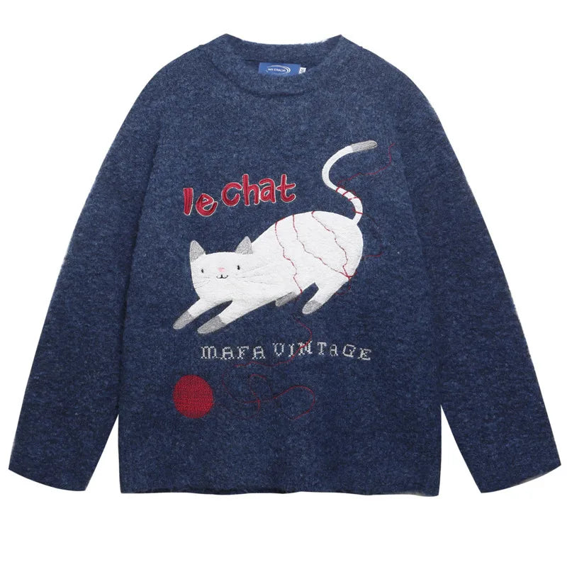 2025 Autumn and winter men's and women's American retro fun cute cat jacquard knitted sweater loose and lazy couple's top Badiee Stylez