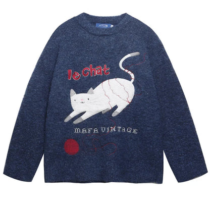 2025 Autumn and winter men's and women's American retro fun cute cat jacquard knitted sweater loose and lazy couple's top Badiee Stylez