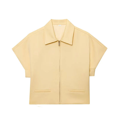 RAFZNB Women's Cropped Jackets Coats Fashion Turn-down Collar Short Sleeve Coats Casual Female Outerwear Chic Tops