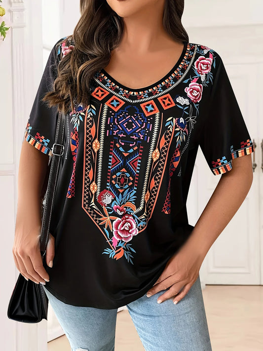 Plus Size Women's T-Shirt Boho Harajuku Graphic Print Summer Short Sleeve Casual Tops Street Fashion T-Shirt Female Clothing black