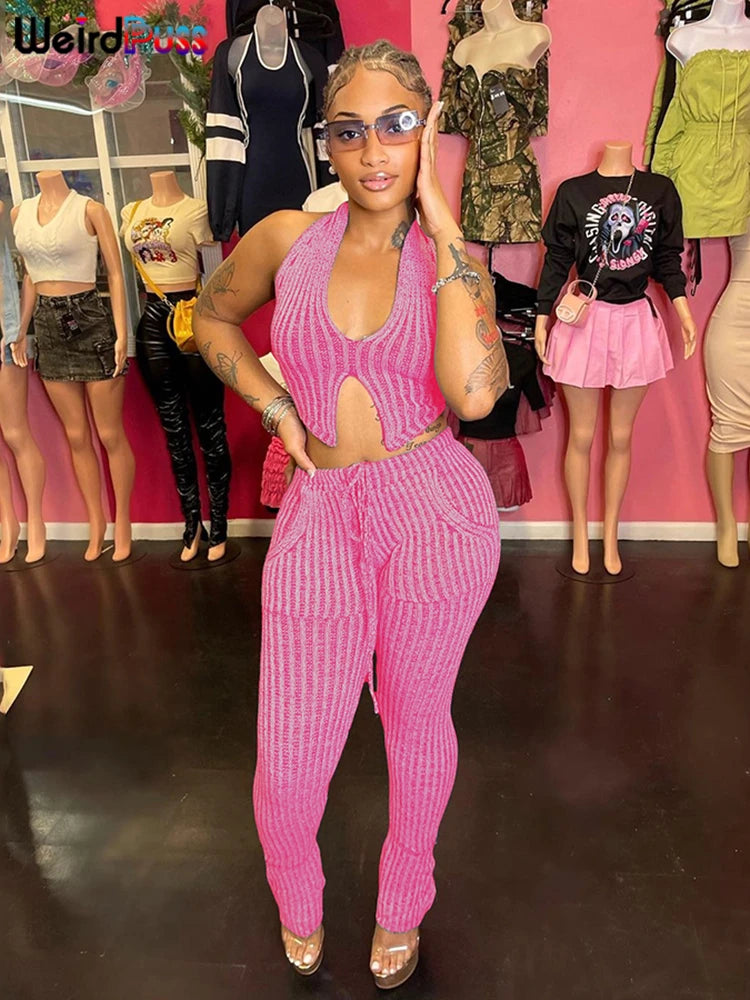 Weird Puss Patchwork Striped Women Casual 2 Piece Set Crochet Halter Low-Neck Vest+Pocket Pants Stretch Skinny Matching Suit Badiee Stylez
