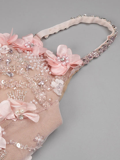 VC Diamond Beaded Spaghetti Strap Long Dress Pearls Sequins Structured Flowers High Split Sheer Mesh Trendy Celebrity Party Gown Badiee Stylez