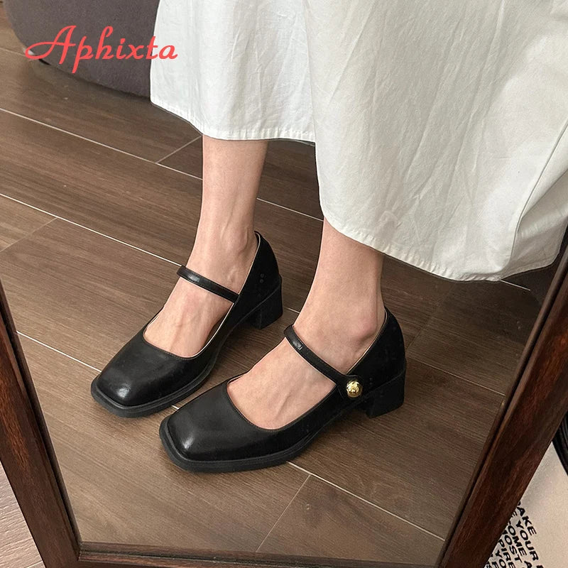 Aphixta Low Heels Mary Janes Square Heels Patent Leather Pumps Shoes Woman Classics Dress Official Pumps Party Plus Size 43 Black