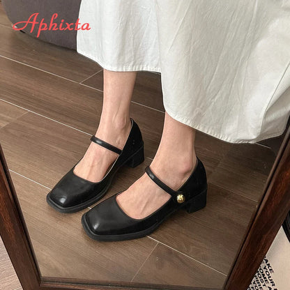 Aphixta Low Heels Mary Janes Square Heels Patent Leather Pumps Shoes Woman Classics Dress Official Pumps Party Plus Size 43 Black