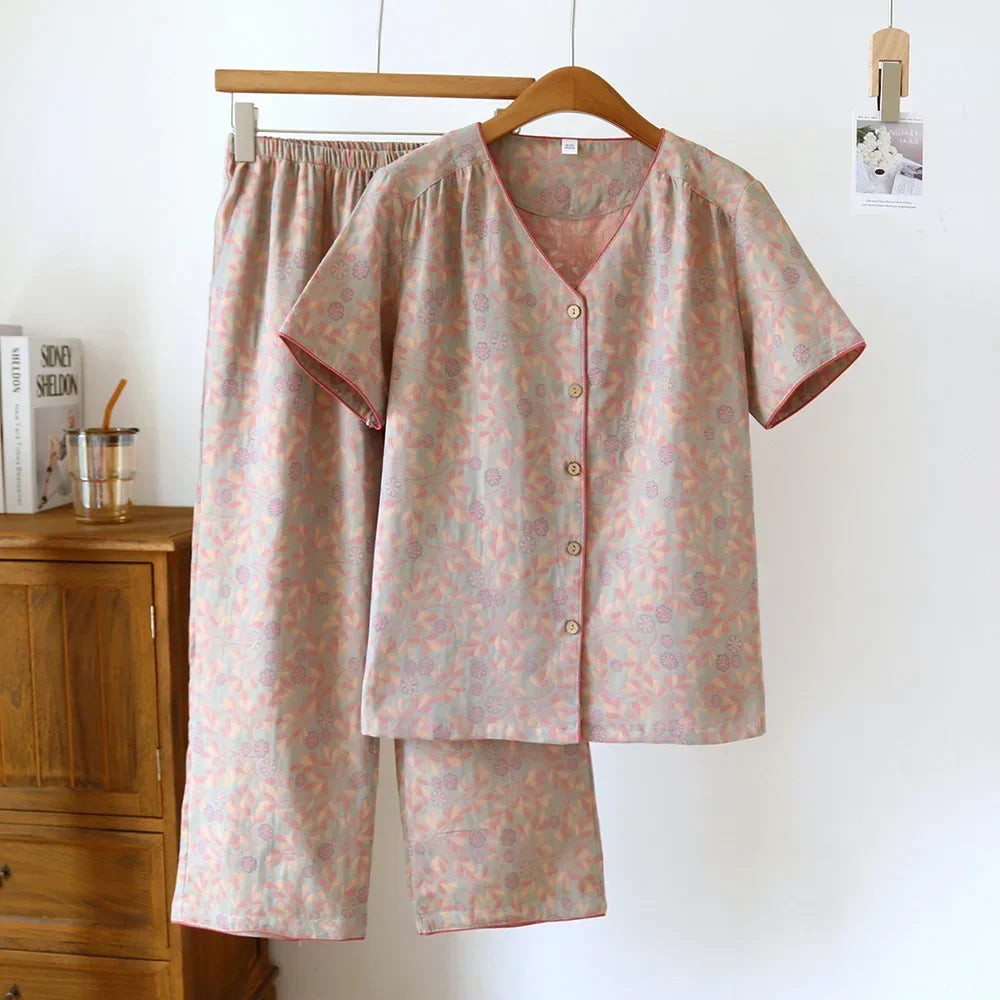 2025 Spring/Summer New Women's Pajama Set 100% Cotton Short Sleeve+Capris Two Piece Set for Large Flower Thin Home Furnishing 03