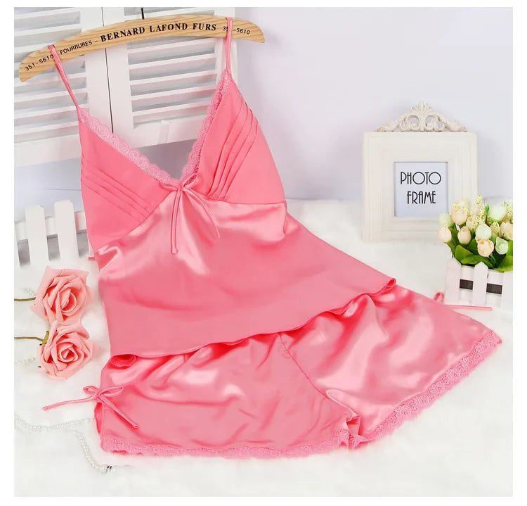 Black Pajamas Suit Lace Up Cami&shorts Set 2Pcs Satin Home Clothes Lady Sexy Lingerie Sleepwear Loungewear Plus Size 3Xl Pink