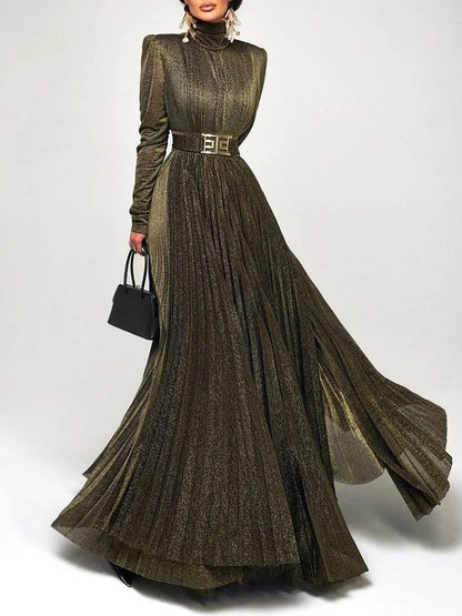 TWOTWINSTYLE Solid Spliced Belt Slimming Dresses For Women O Neck Long Sleeve High Waist Temperament Long Dress Female Clothes