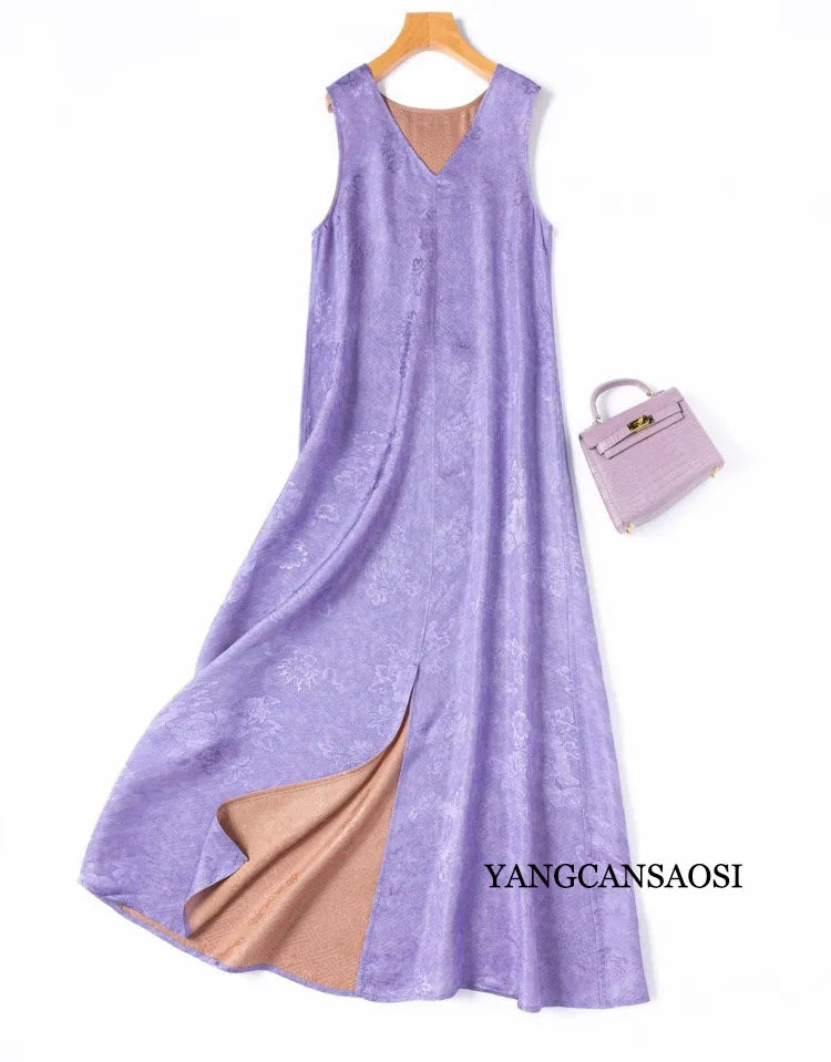 2025 Women's Summer New Luxury 100% Natural Mulberry Silk Jacquard Satin V-neck Split Double Sided Sleeveless Vest Dress Badiee Stylez
