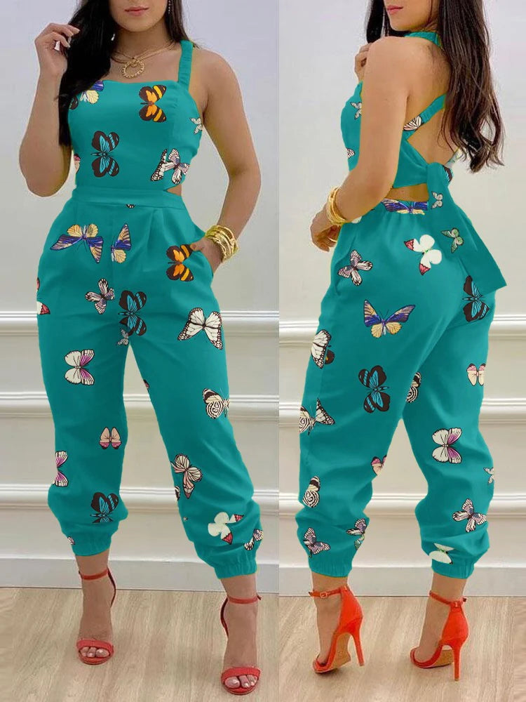 New Summer Fashion Printed Sleeveless Jumpsuit Sexy Hollow Backless Lace Up Long Jumpsuits Elegant Casual Jumpsuit With Pocket Badiee Stylez