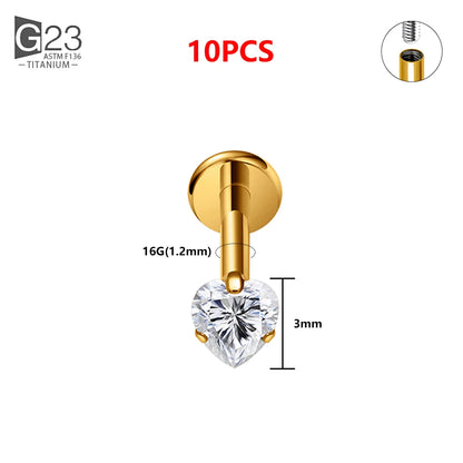 1/10PCS ASTM F136 Titanium 16G Heart CZ Threaded Labret 3mm/4mm CZ Cartilage Tragus Helix Nose Stud Piercing Jewelry 10Pc Gold 3mm CZ