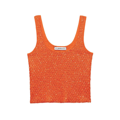 Elegant Sequined Orange Cardigans Women Y2k O-neck Short Sleeve One Button Female Tops 2025 Street Summer Lady Chic Knitwear Orange red suspender