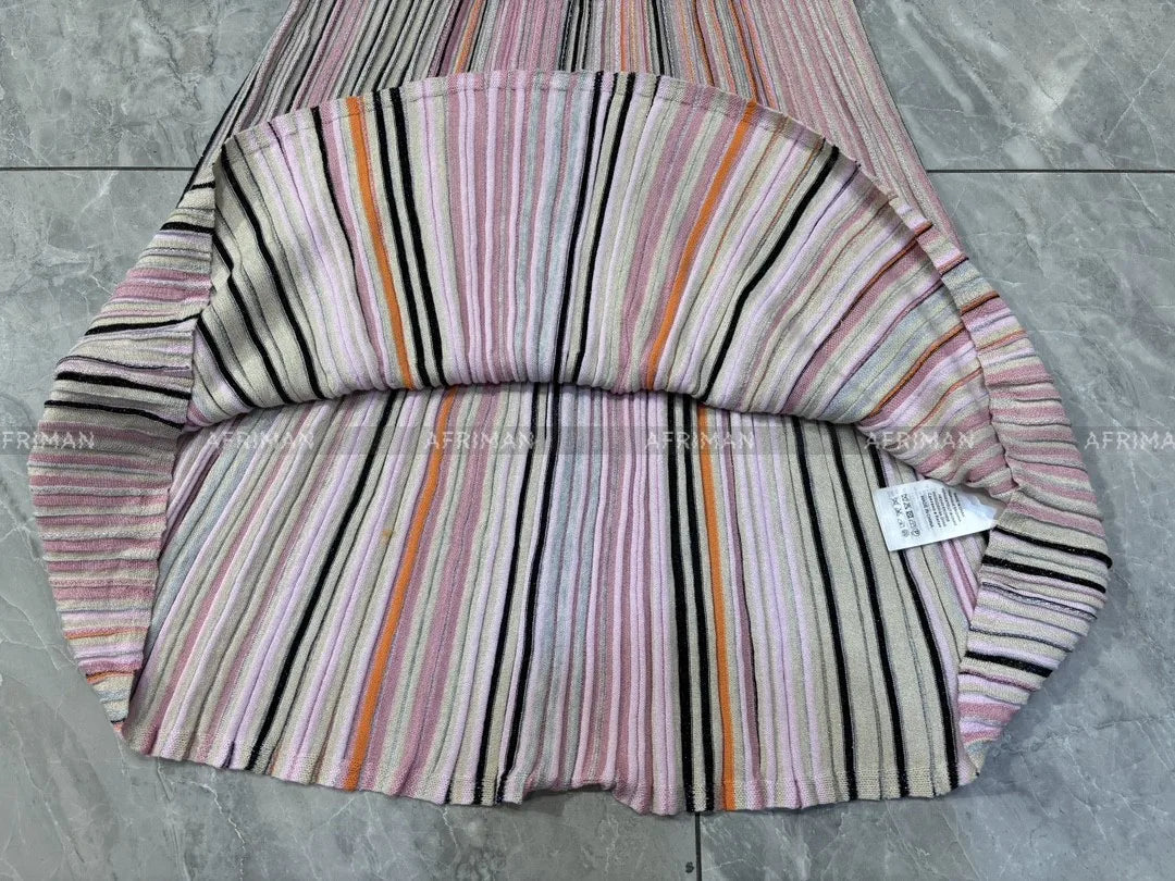 Women V Neck Long Sleeve Bright Silk Color Mosaic Stripe Waist Temperament Long Knitted Dress Badiee Stylez