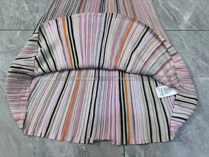 Women V Neck Long Sleeve Bright Silk Color Mosaic Stripe Waist Temperament Long Knitted Dress Badiee Stylez