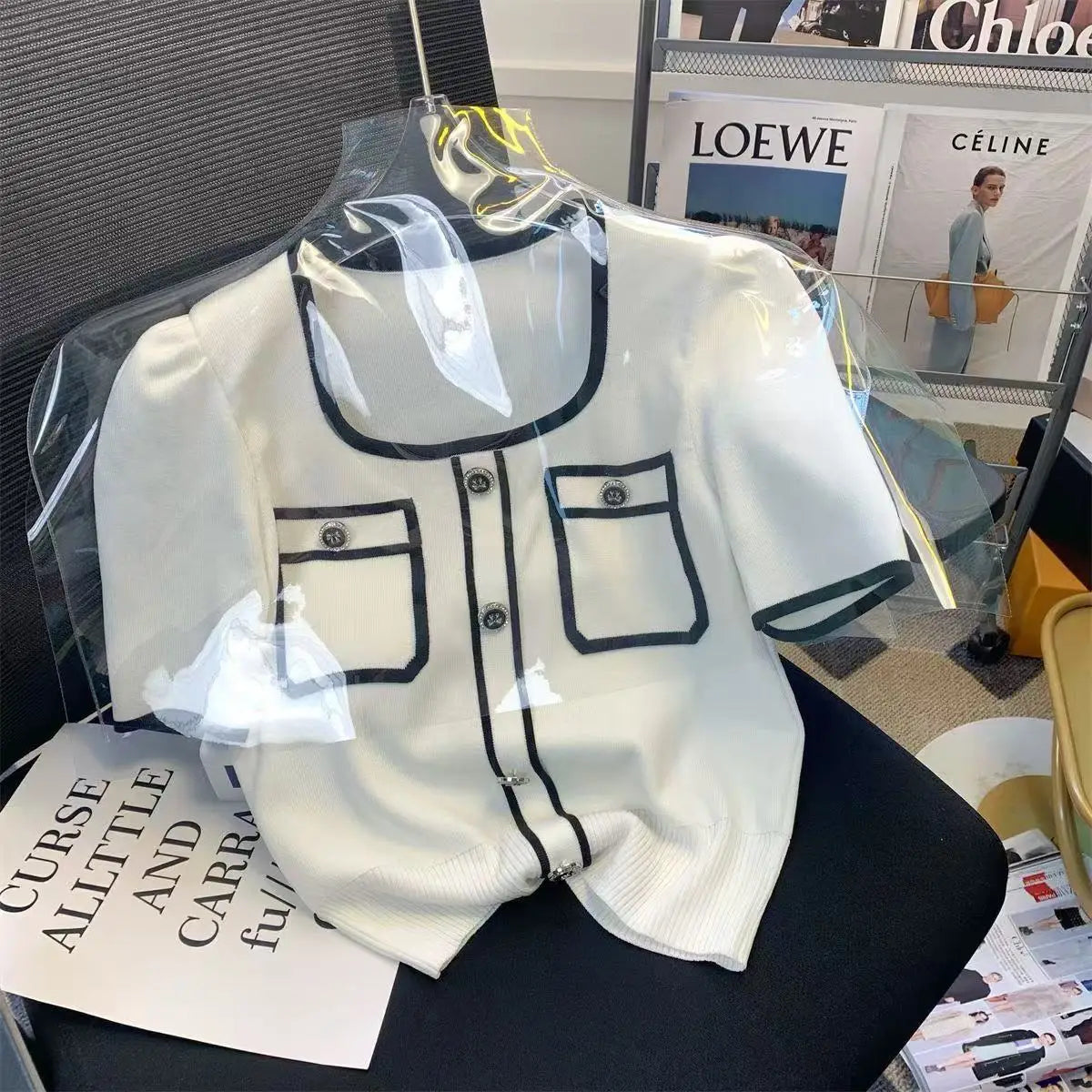 Femme Temperament All-match Patchwork Buttons Square Collar Knitting Top Tee Spring Summer Fashion Loose Short Sleeve T-Shirts WHITE