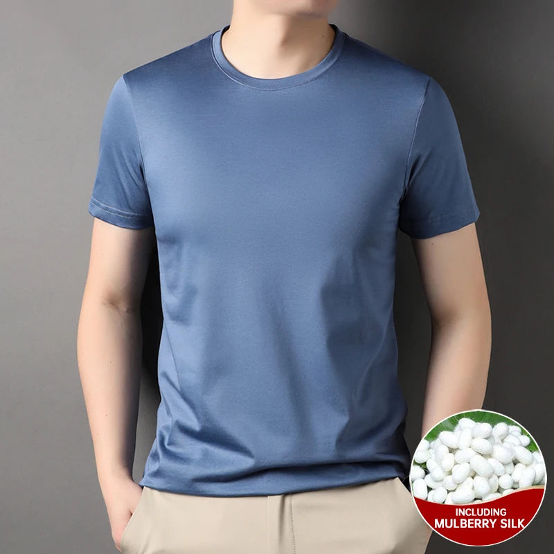 Top Grade 1.7% Mulberry Silk New Brand Tops Round Neck t Shirts For Men 2025 Summer Short Sleeve Casual Fashion Mens Clothing Wu Lan
