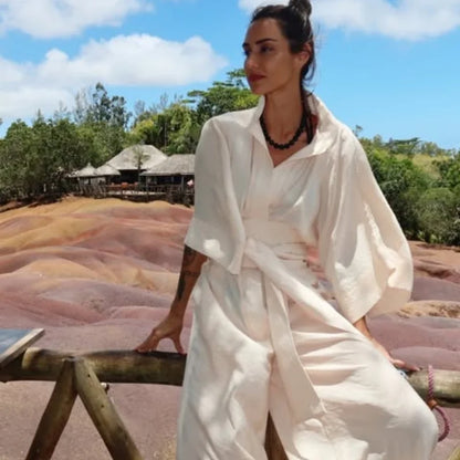 Linen Lace Up Women's Jumpsuit High V-neck Full Sleeve Top Loose Straight-leg Pants 2025 Summer Chic Female Casual Streetwear