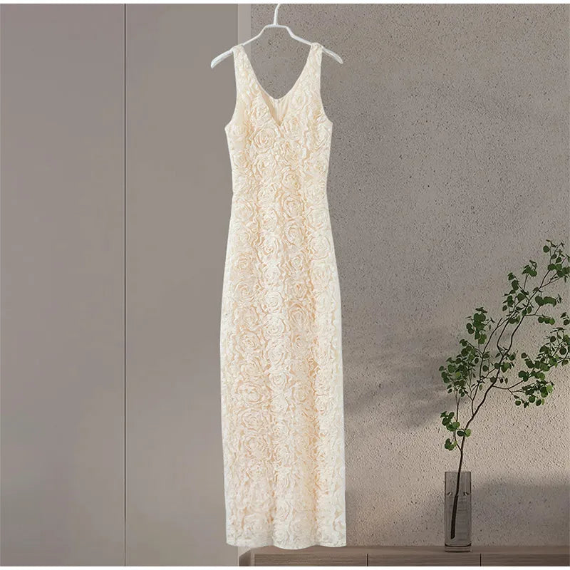 Sexy 3D Flower Deep V-neck Dress Women Slim Sleeveless Backless Split Hip Package Midi Dresses 2025 Spring Ladies New Vestidos