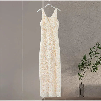 Sexy 3D Flower Deep V-neck Dress Women Slim Sleeveless Backless Split Hip Package Midi Dresses 2025 Spring Ladies New Vestidos